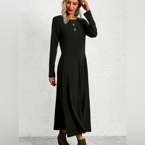 SOLID CREW NECK LONG SLEEVE DRESS